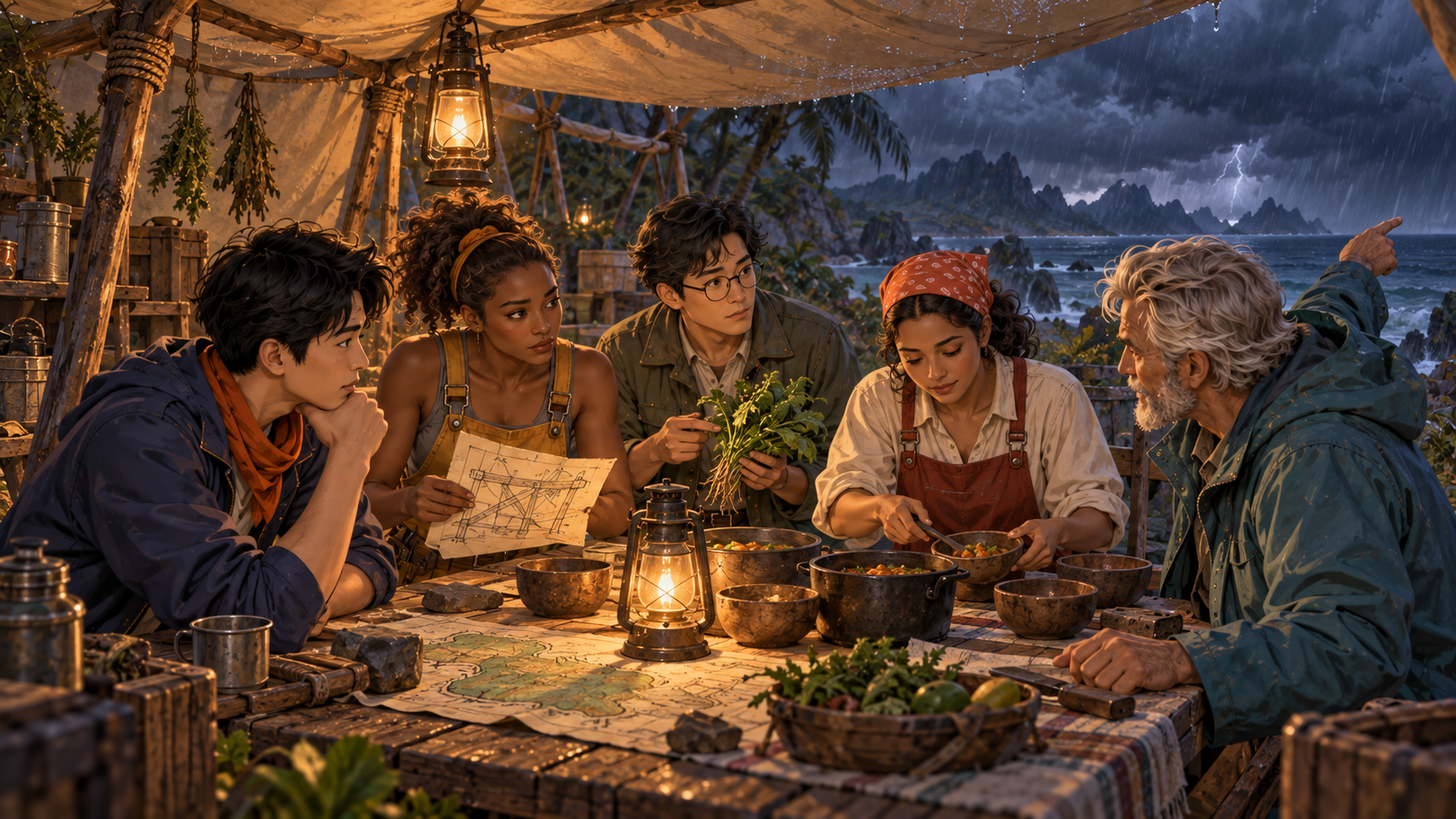 The five survivors share a meal and discuss their plan under a lantern while a storm approaches