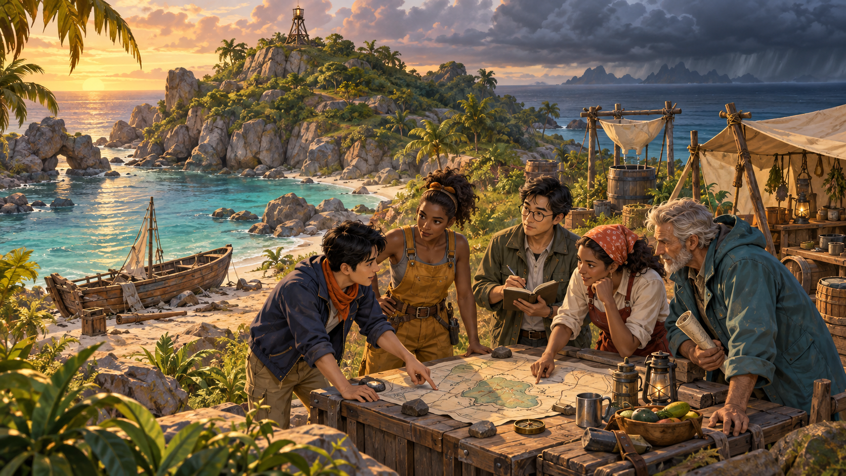 Five survivors discussing a map beside their island camp at sunset
